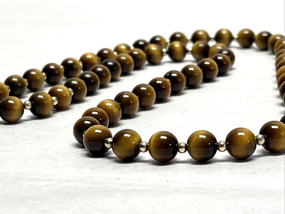 Vintage Tiger's Eye Bead Necklace 14K Gold Clasp 24" 44g Round Gemstone Beads